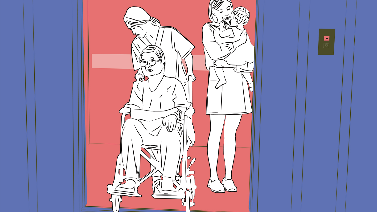 Eine Pflegerin schiebt eine Rollstuhlfahrerin durch die geöffnete Tür eines Fahrstuhls.