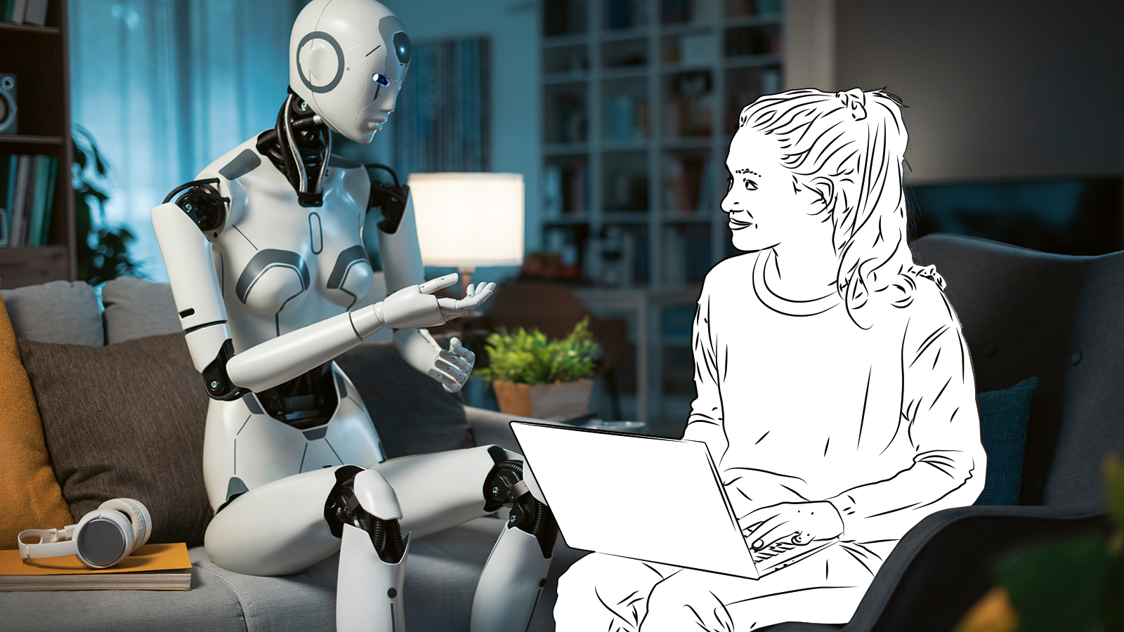 Eine Frau bekommt Unterstützung von einem Roboter.