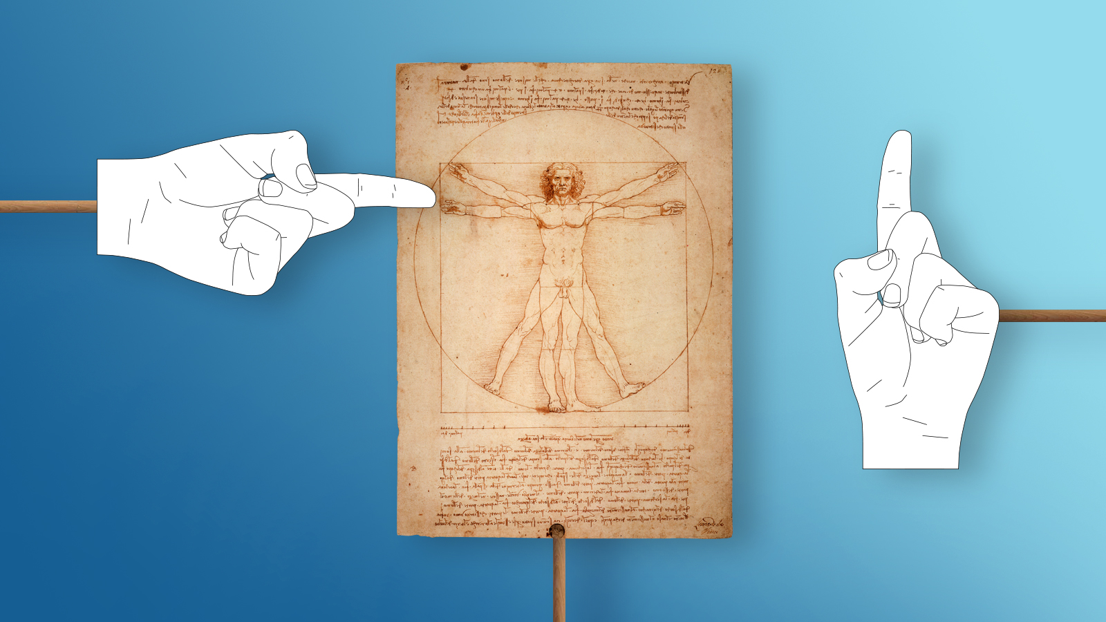 Illustration mit zwei Fingern und Zeichnung von Leonardo da Vinci.